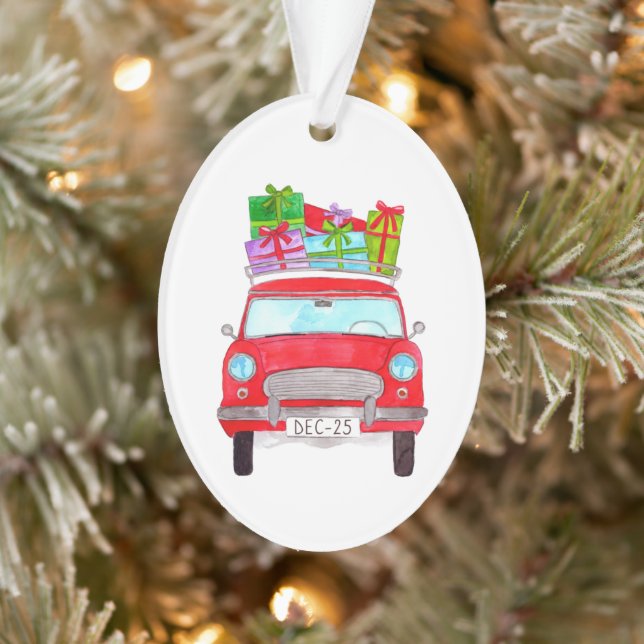 Ornamento Carro Vermelho com Dobras de Natal Aquarela (Árvore)