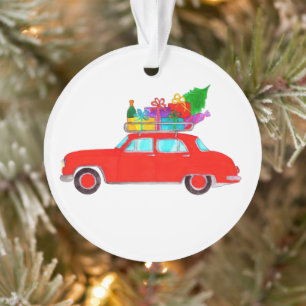 Ornamento Carro Vermelho com Dobras de Natal Aquarela