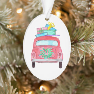 Ornamento Carro Vermelho com Dobras de Natal Aquarela