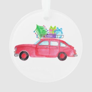 Ornamento Carro Vermelho com Dobras de Natal Aquarela