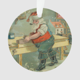 Ornamento Cartão de Natal Antigo - Papai Noel em sua Oficina