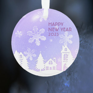 Ornamento Casa Branca Roxa Flocos de Neve Xmas Ano Novo 2023