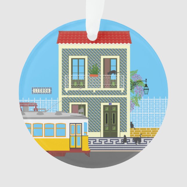 Ornamento Casa velha de Lisboa com gatos e elétrico amarelo (Frente)
