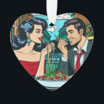 Ornamento Casal Apaixonado | Arte Pop<br><div class="desc">Um casal em um encontro romântico em um restaurante italiano compartilhando um prato de espaguete. Adorável estilo de história em quadrinhos cartoon arte pop ai.</div>