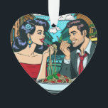 Ornamento Casal no Amor | Pop Art<br><div class="desc">Um casal em um encontro romântico em um restaurante italiano compartilhando um prato de espaguete. Estilo de banda desenhada, estilo cartoon pop art ai.</div>