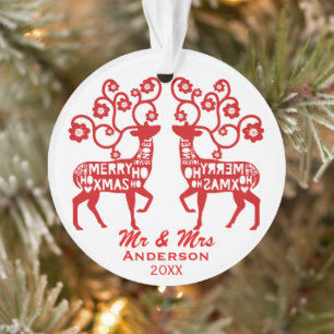 Ornamento Casal Personalizado de Reindeer Nórdico Vermelho