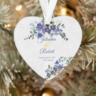 Ornamento Casamento floral em aquarela azul e amarelo