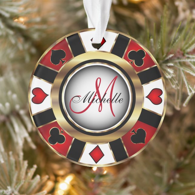 Ornamento Casino Poker Monograma Chip - Vermelho e Dourado (Árvore)