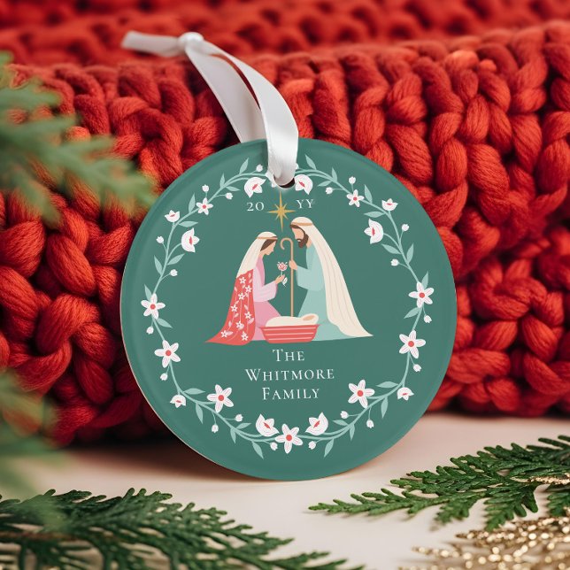 Ornamento Cena de Natal Religiosa Foto de Cena de Natividade (Christmas Religious Nativity Scene Photo Keepsake Ornament (Front))