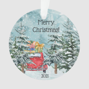 Ornamento Cena de Vintage Red Car e Barn Woodland
