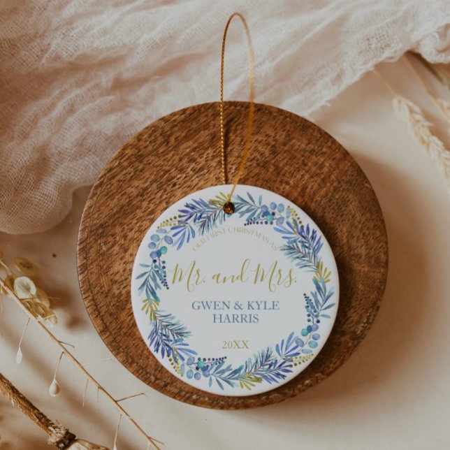 Ornamento cerâmico Azul e Dourado Wreath Christmas (Criador carregado)