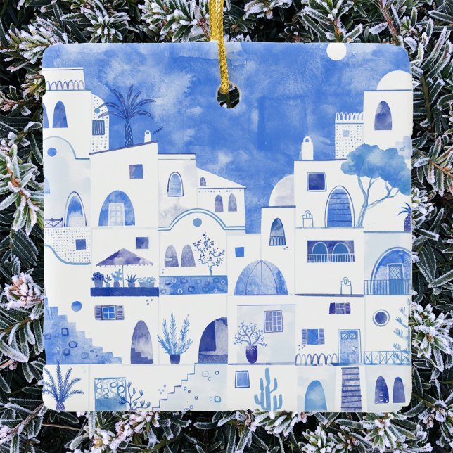 Ornamento cerâmico da Grécia Santorini (Santorini Oia Greek island blue and white watercolor art Christmas ornament)