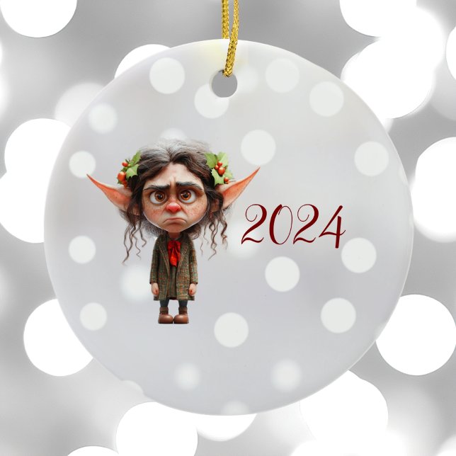 Ornamento Cerâmico de Cat Lady Christmas Elf (Criador carregado)