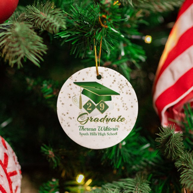 Ornamento cerâmico de Formando verde e Dourado (Green and Gold Graduate Ceramic Ornament)