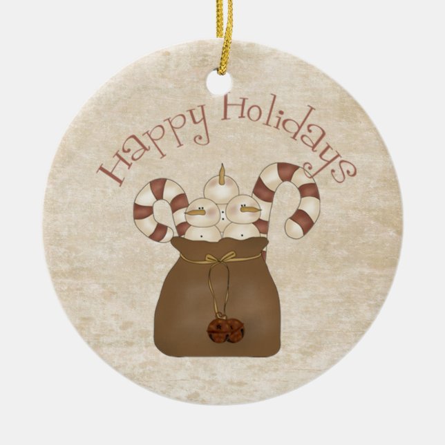 Ornamento cerâmico de Snowmen de País Primitivo (Frente)