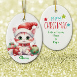 Ornamento Cerâmico para Crianças de Santa Hat<br><div class="desc">Na frente deste ornamento cerâmico para uma criança é um adorável gatinho de mesa vestindo um chapéu de Papai Noel. Ele tem um grupo de decorações de bolbos da árvore Holiday de cor brilhante ao seu lado. O verso do ornamento tem uma mensagem de Feliz Natal, o nome do seu...</div>