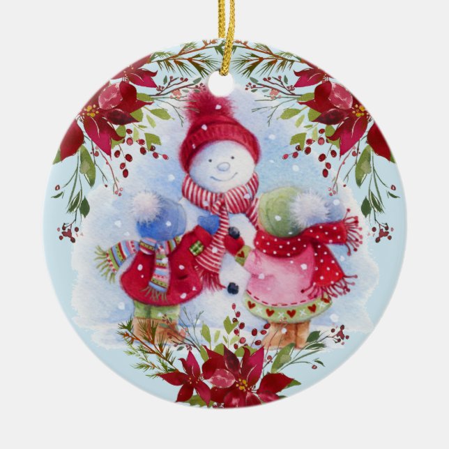 Ornamento cerâmico Snowman e Crianças (Frente)