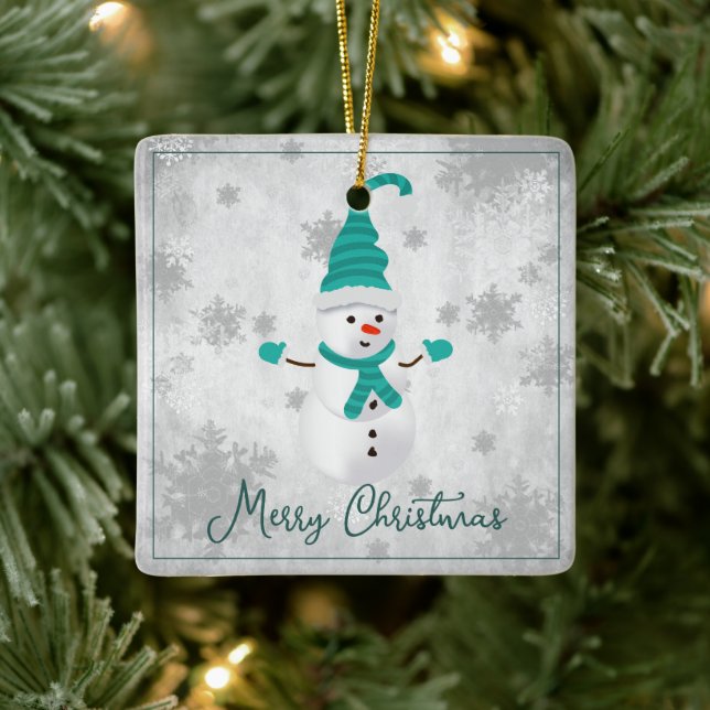 Ornamento Cerâmico Teal Cute Snowman Holiday (Árvore)