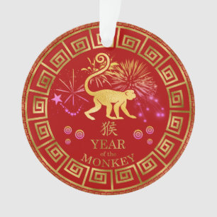 Ornamento Chinês Zodiac Macaco Vermelho/Dourado ID542