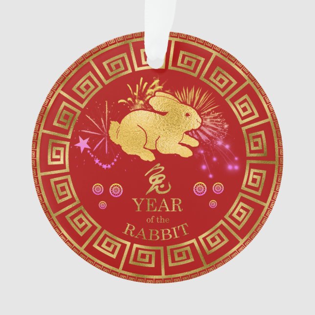 Ornamento Chinês Zodiac Rabbit Vermelho/Dourado ID542 (Frente)