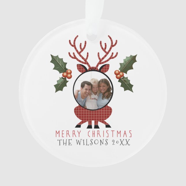 Ornamento Christmas Plaid Reindeer with Personalized Photo (Frente)