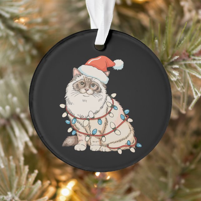 Ornamento Christmas Ragdoll Cute Cat Santa Hat Xmas Lights (Árvore)