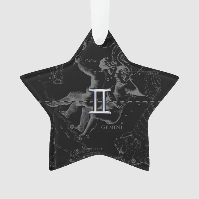Ornamento Chrome prateado como Gemini Sinal Zodíaco em Hevel (Frente)