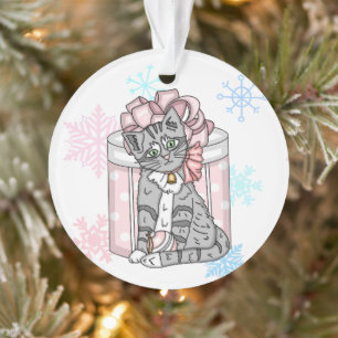 Ornamento Cinza de Natal Personalizado Gatinho, Arco Rosa