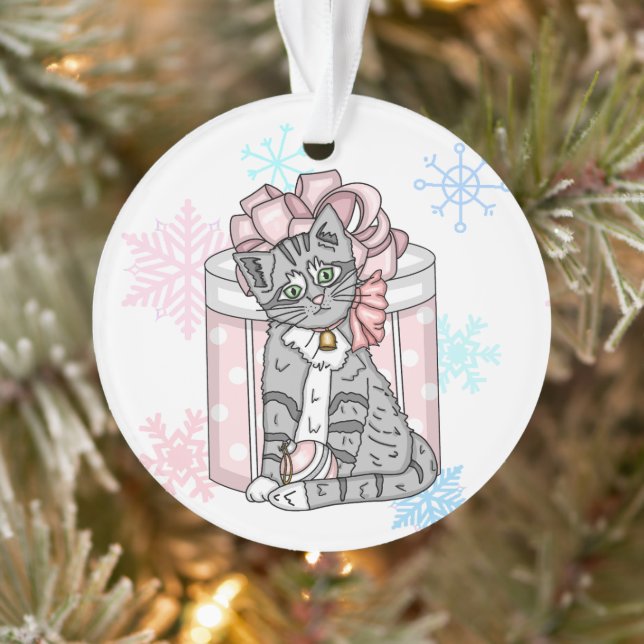 Ornamento Cinza de Natal Personalizado Gatinho, Arco Rosa (Árvore)
