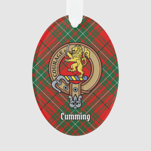 Ornamento Clan Cumming Crest sobre Tartan (Frente)