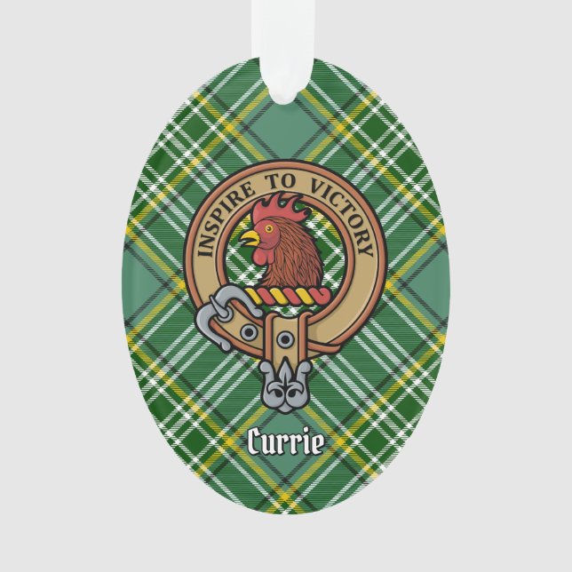 Ornamento Clan Currie Rooster Crest sobre Tartan (Frente)