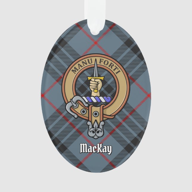 Ornamento Clan MacKay Crest sobre Blue Tartan (Frente)