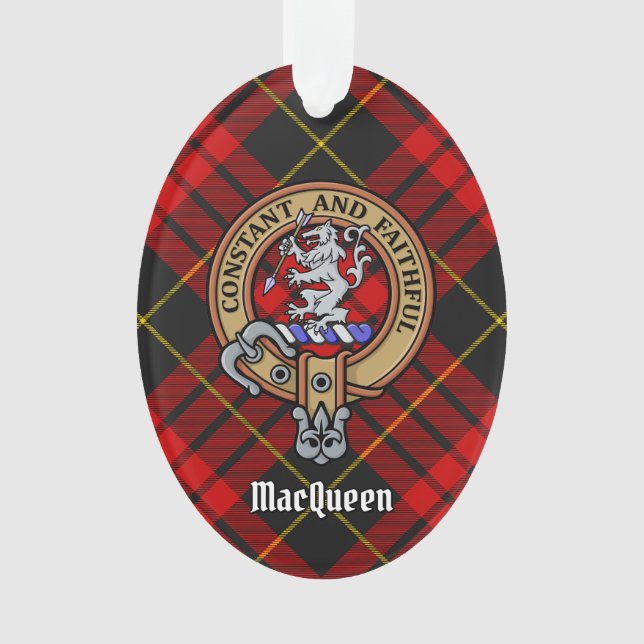 Ornamento Clan MacQueen Crest sobre Tartan (Frente)