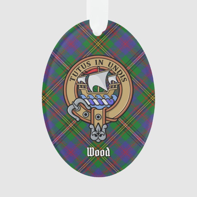 Ornamento Clan Wood Crest sobre Tartan (Frente)