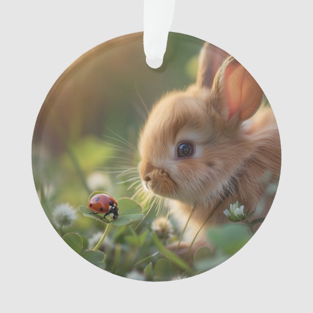 Ornamento Coelho bonito e uma joaninha no campo verde (Frente)