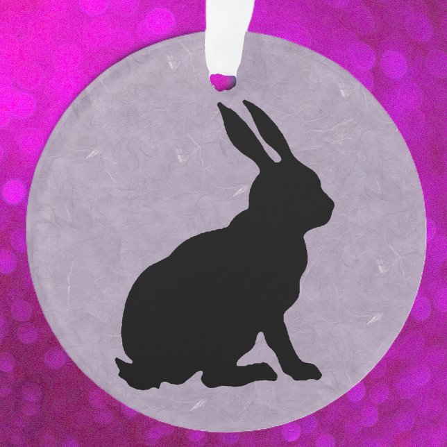 Ornamento Coelho Negro Silhout Páscoa (Sitting black rabbit in silhouette on pretty marbled purple on ceramic ornament.)