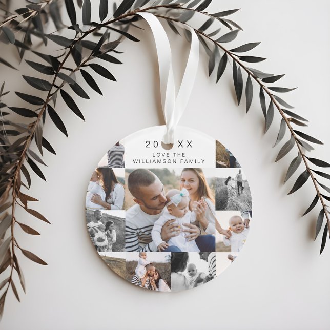 Ornamento Colagem de Fotografias com Várias Grelhas Preta e  (Multiple Grid Photo Collage Black & Gold Pine Ornament)