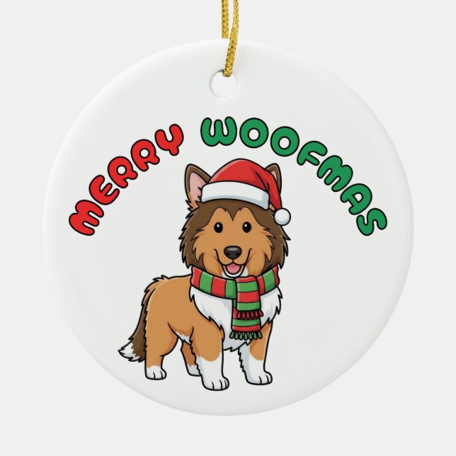 Ornamento Collie de Natal: Feliz Woofmas (Frente)