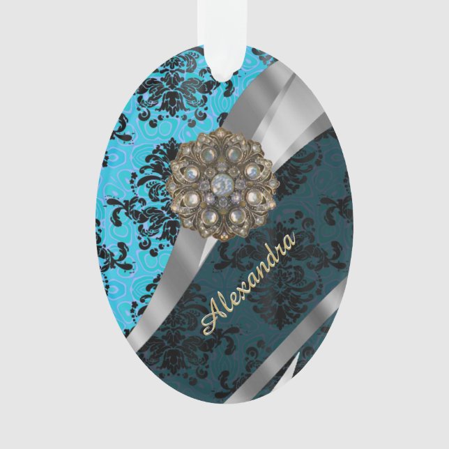 Ornamento Cor damasco azul bonito personalizada (Frente)