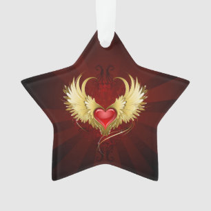 Ornamento Coração Vermelho com Asas Ouros