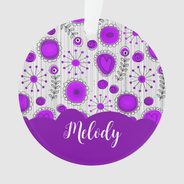 Ornamento Corações brancos, roxos, brancos, flores nome flor (Frente)