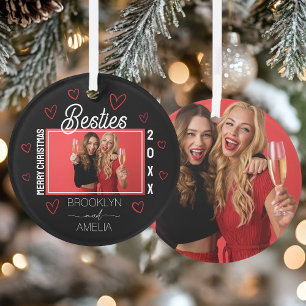 Ornamento Corações Pretos e Vermelhos Foto Amigas Natal