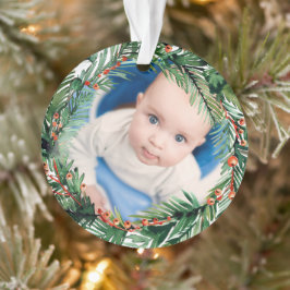 Ornamento Coroa de Verdura Meu Primeiro Natal Bebê Foto