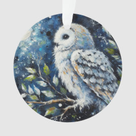 Ornamento Coruja Branca em Ramificação em Pintura à Lua
