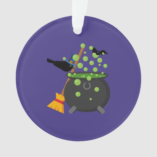 Ornamento Corvo de Bruxa Bonita Olhando para um Caldeirão bo (Frente)