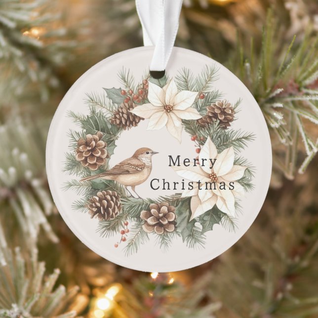 Ornamento Cozy Warm Christmas Poinsettia Pine Cones Bird (Árvore)