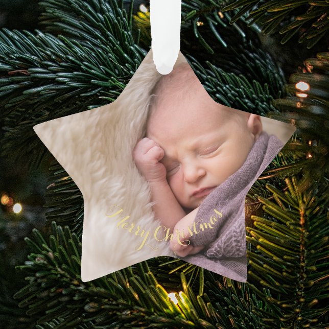 Ornamento Crie o primeiro Natal da estrela do seu bebê (Create Your Own Baby's First Star Photo Christmas Ornament)