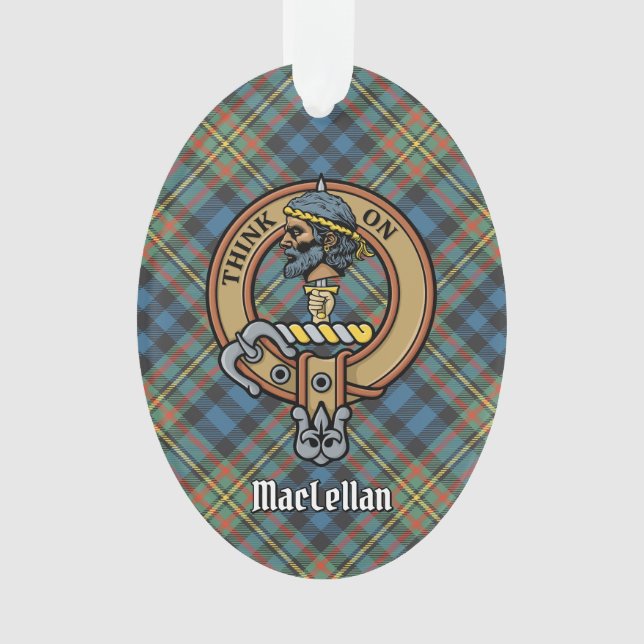 Ornamento Crista da Clan MacLellan sobre Tartan Antigo (Frente)