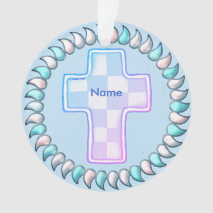 Ornamento Cruz Cristã com Marca de Verificação Azul