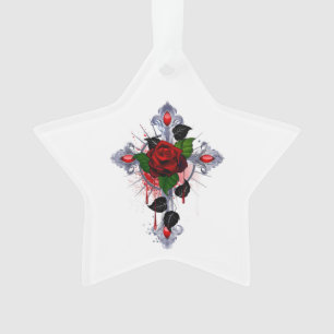 Ornamento Cruz de Prata com Rosa vermelha